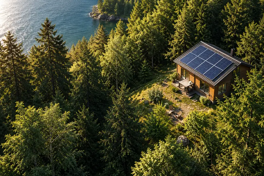 Brvnara sa solarnim panelima na krovu usred guste šume, snimak iz vazduha